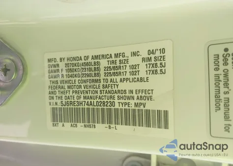 2010 Honda Cr-V Ex-L из США, поврежденный, VIN 5J6RE3H74AL028230